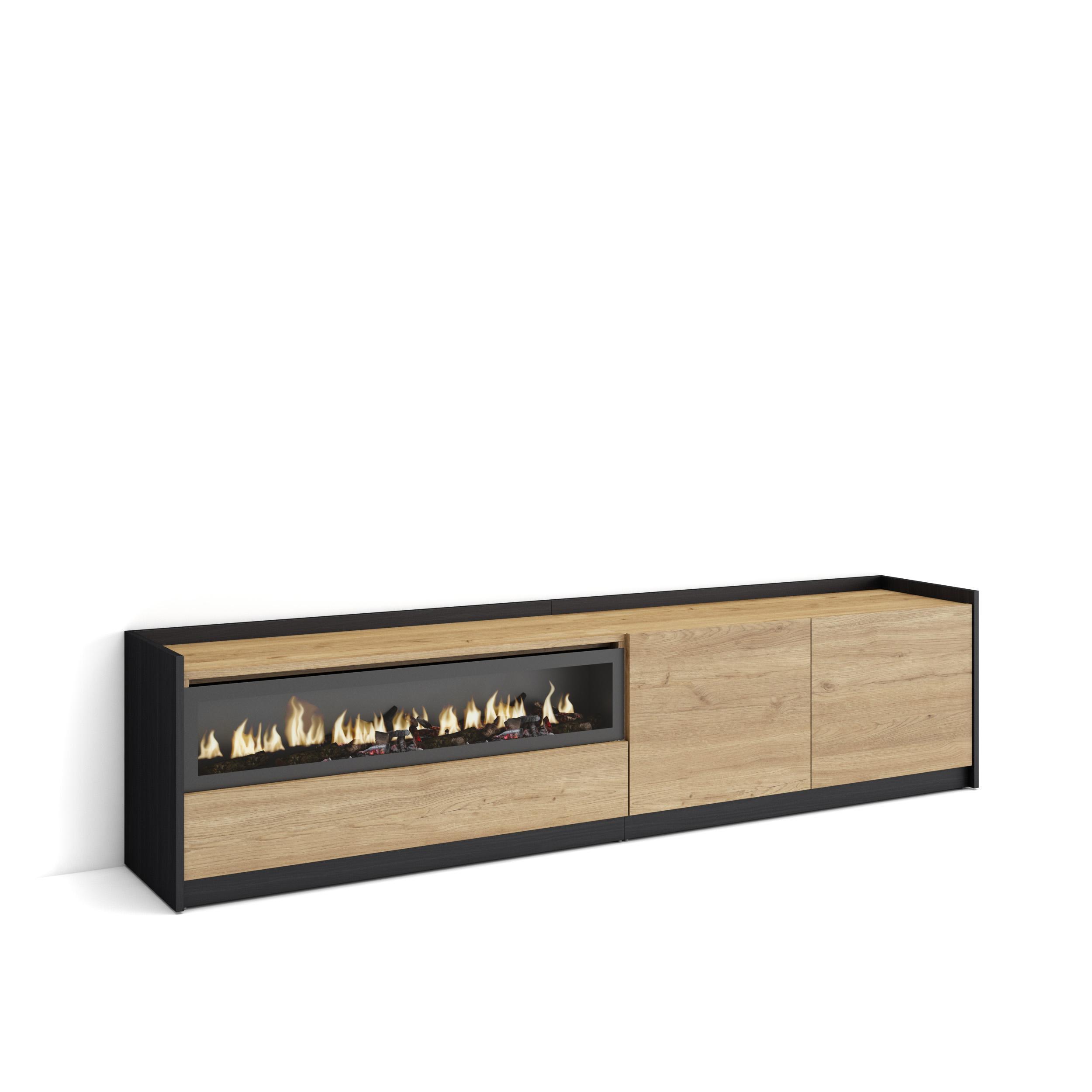 LOWBOARD, Eiche Schwarz, Elektrokamin, 207/37/50cm - Eichefarben, Holzwerkstoff (207/50/37cm) - Skraut Home