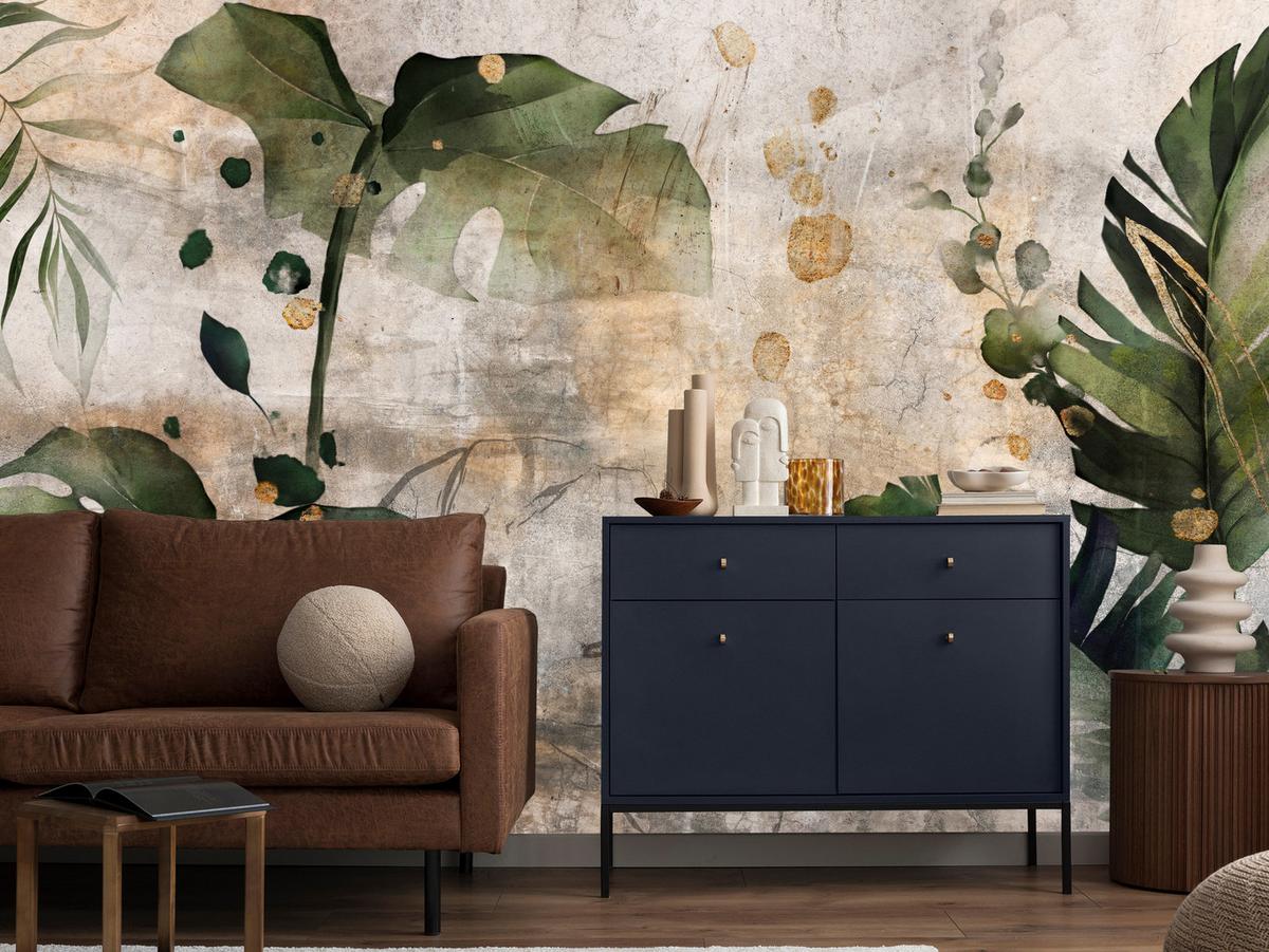 FOTOTAPETE für Schlafzimmer Tropisch Monstera Aquarell Retro 150x105 - Beige/Orange, Papier (150/105cm) - Muralo