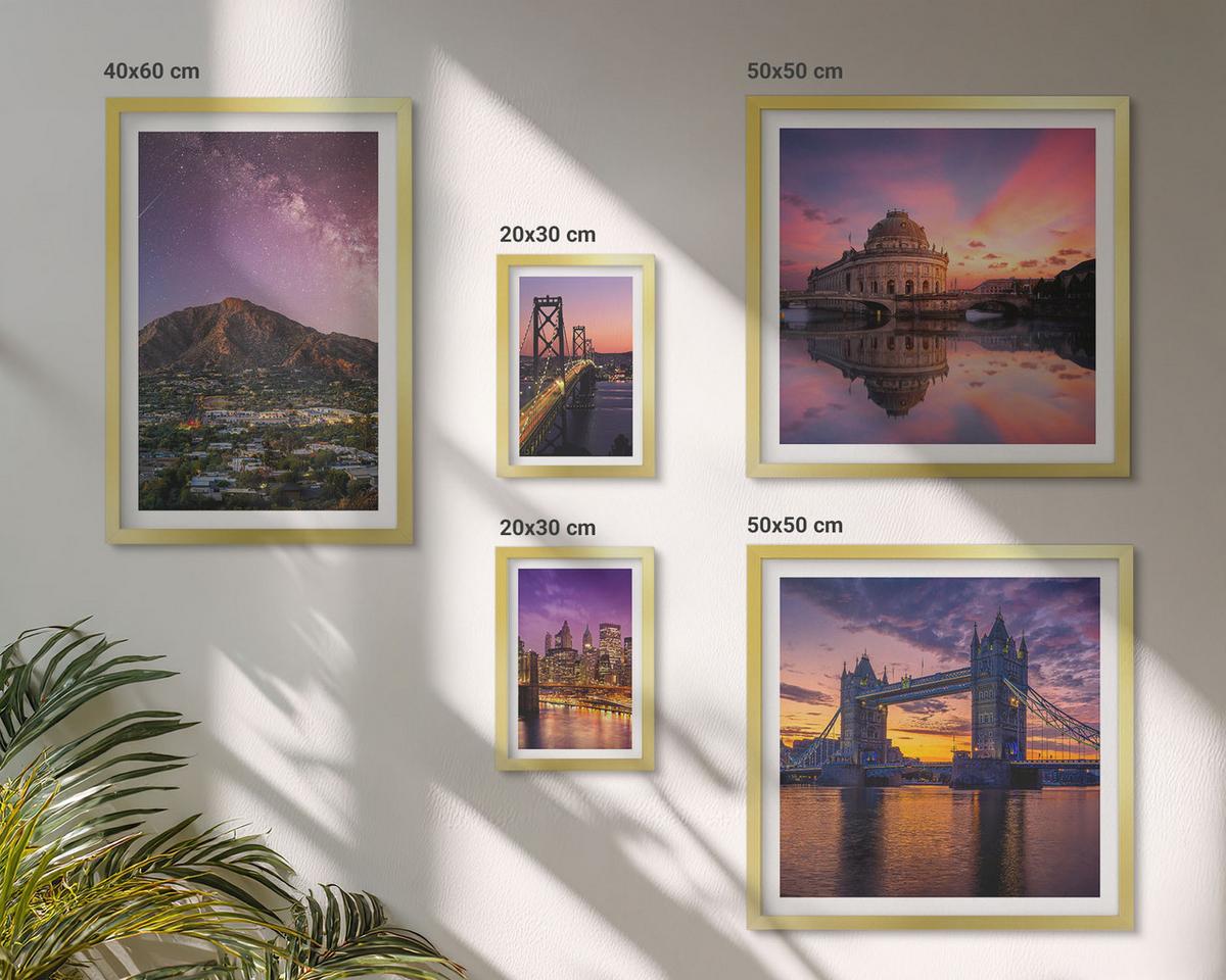 BILDER SET 5er Set - 50x50 cm & 20x30 cm & 40x60 cm Goldrahmen - Brücken, Sonne, Stadtblick - Goldfarben, Kunststoff (40/60cm) - TULUP