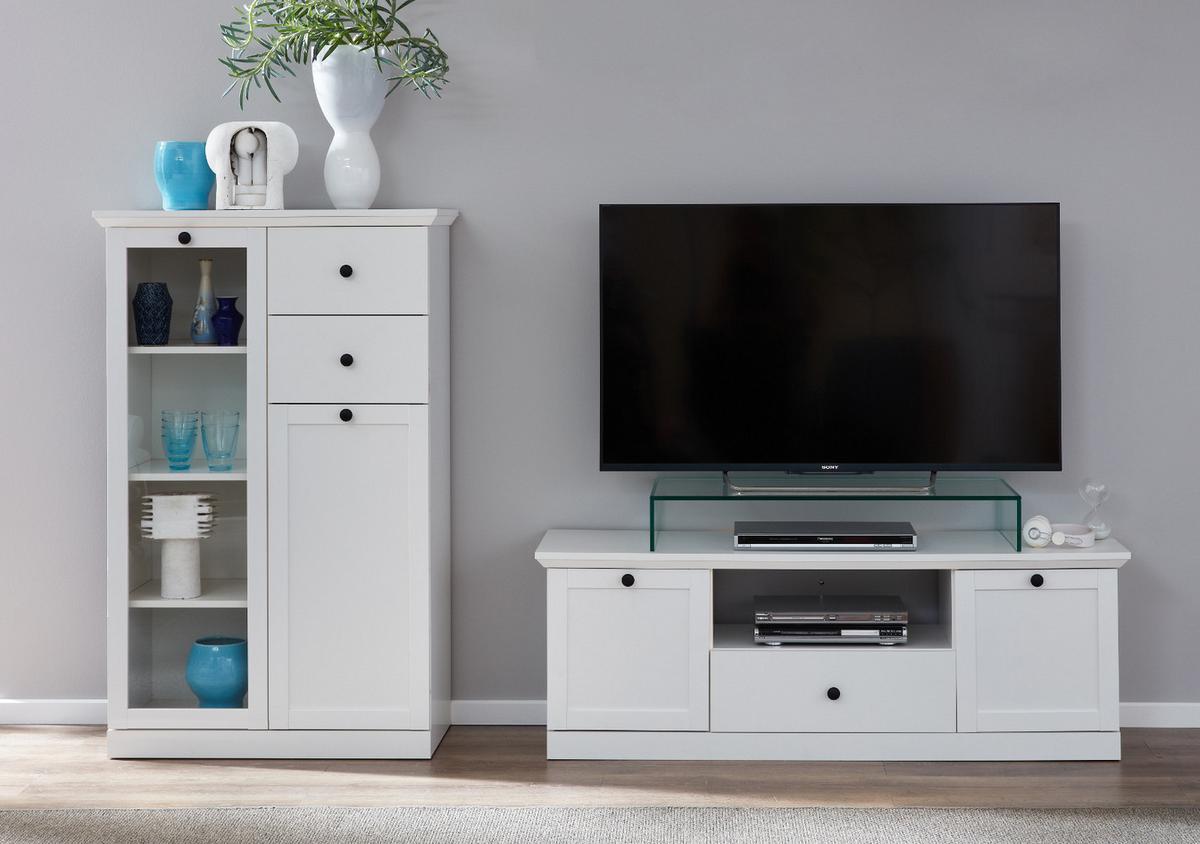WOHNWAND 2-teilig in weiß 235 cm, Wohnkombination im Landhaus-Stil - Silberfarben/Weiß, Glas/Holzwerkstoff (41/129/235cm) - Top.Furn