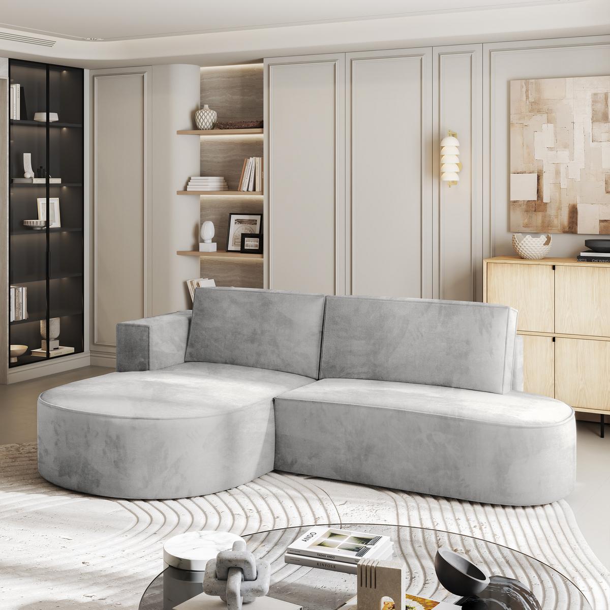 ECKSOFA CORTIO M L-S Hellgrau Velours-Stoff mit Schlaffunktion - Hellgrau/Grau, Holz/Kunststoff (265/174cm) - MASSENO