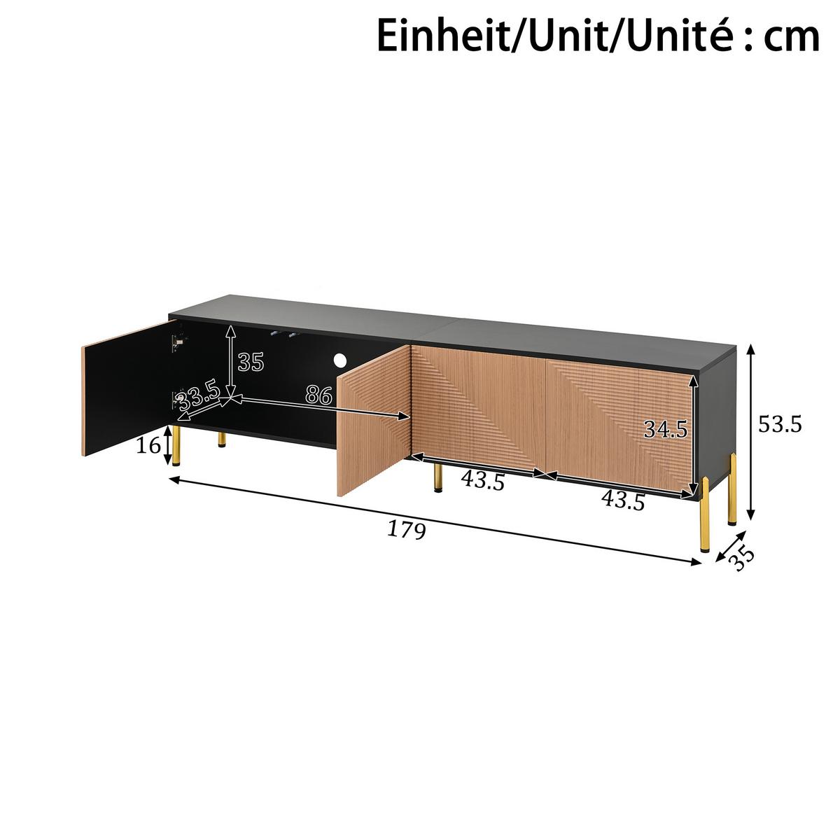 TV-LOWBOARD Schwarz Natur mit 3D-Muster 4 Türen & Goldfüßen 179cm - Naturfarben, Holzwerkstoff (179/53.5/35cm) - Urban Meuble