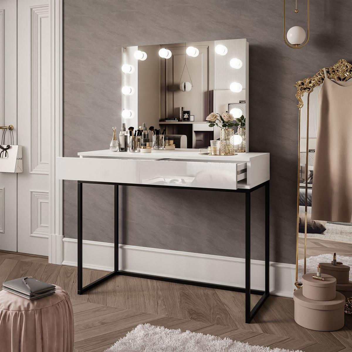 SCHMINKTISCH BLANCO LOFT ELITE mit Spiegel und Beleuchtung Weiß Hochglanz PUSH OPEN - Weiß Hochglanz/Schwarz, Holzwerkstoff (100/146/42cm) - Lookway