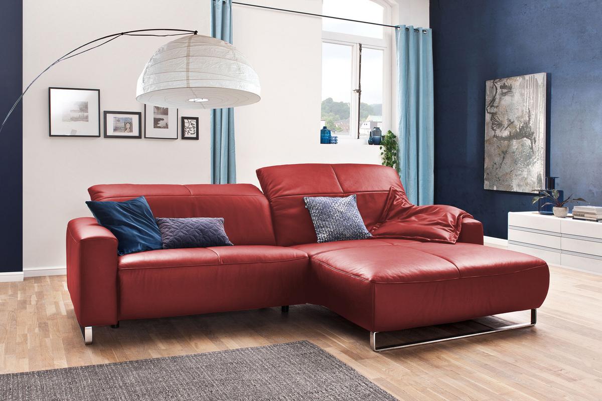 ECKSOFA YORK Hochglanz Rot Leder - Silberfarben/Kirschrot, Leder (284/180cm) - KAWOLA