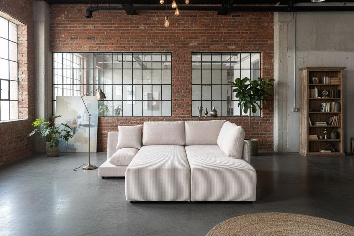 SCHLAFSOFA SADIRA Cremeweiß Cord - Creme/Schwarz, Kunststoff/Textil (288/209cm) - KAWOLA