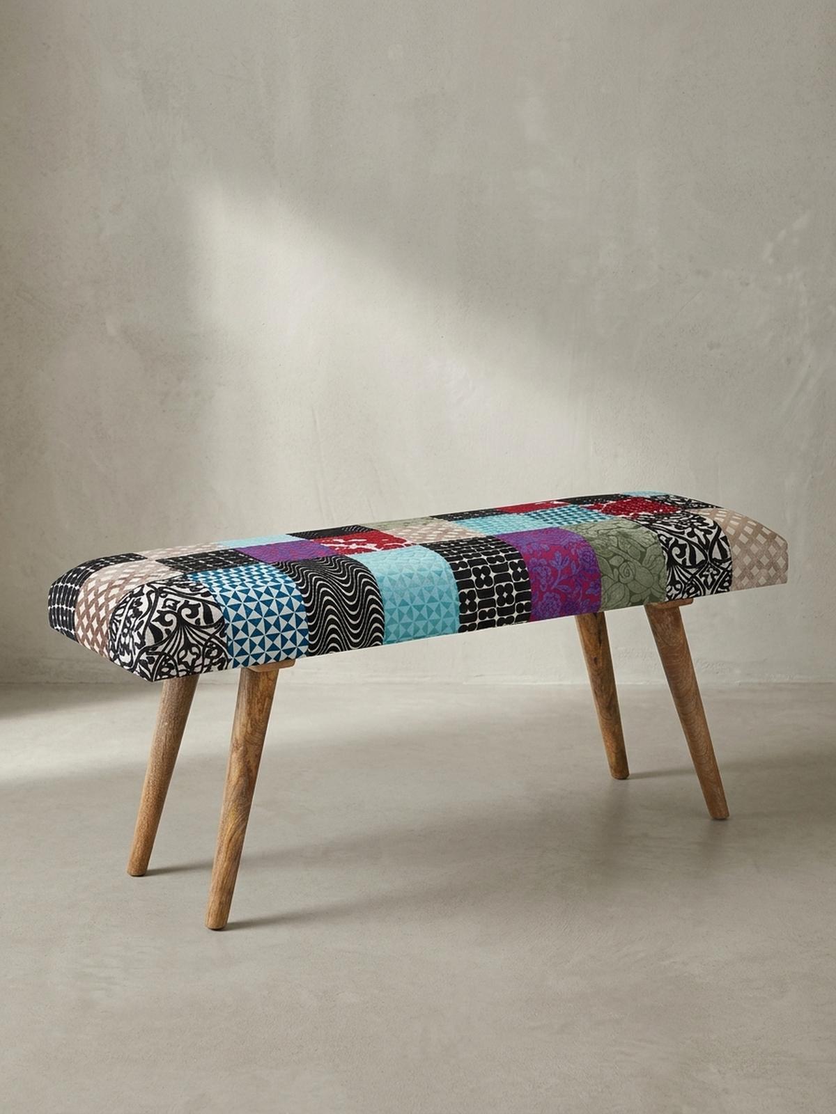 SITZBANK – Patchwork-Stoff, Massivholzbeine - Multicolor/Braun, Mangoholz/Textil (117/51/38cm) - KADIMA DESIGN