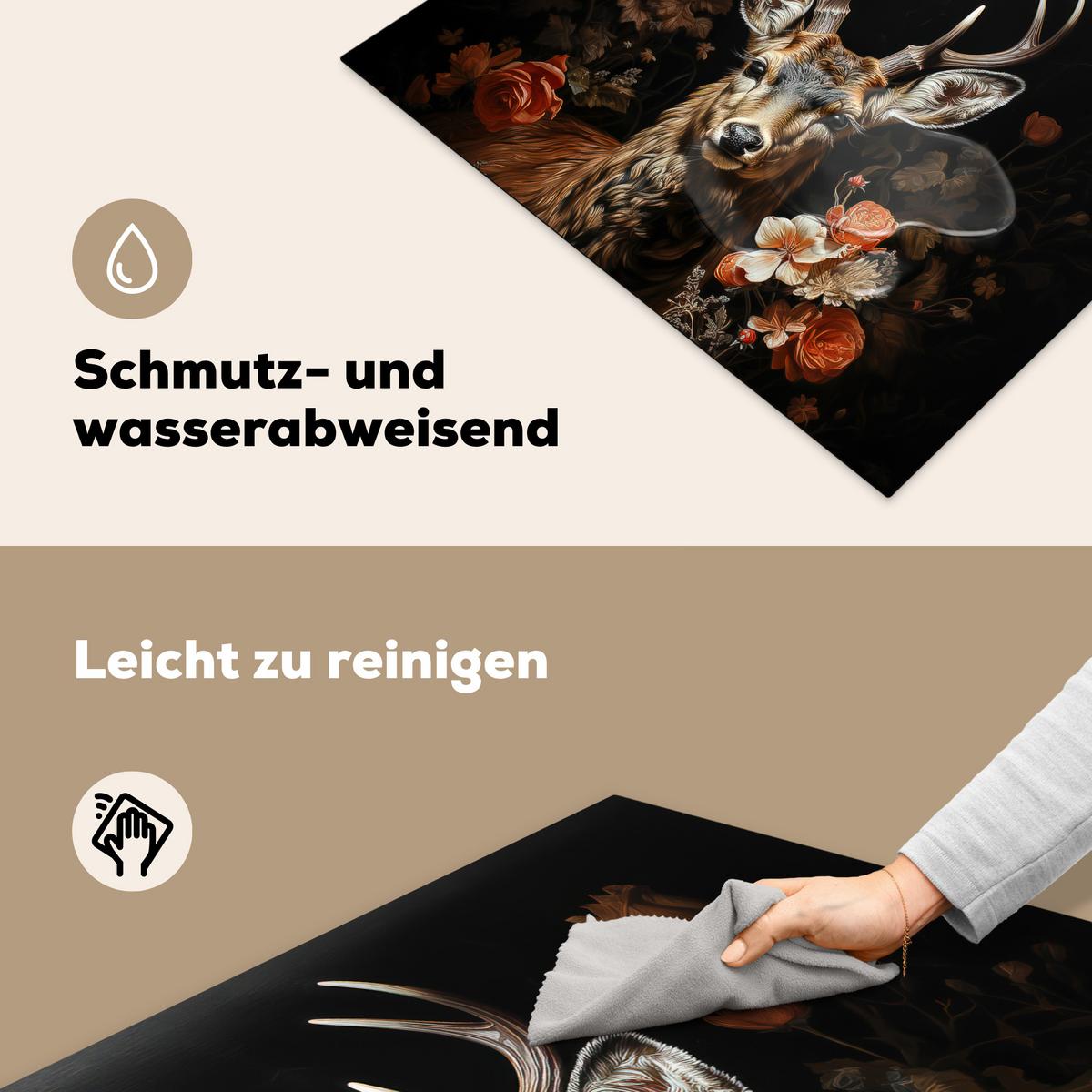 HERDABDECKPLATTE Hirsch - Tier - Blumen - Natur - Botanisch Induktionsmatte 77x59 cm - Kupferfarben, Kunststoff (77/59/0.2cm) - MuchoWow