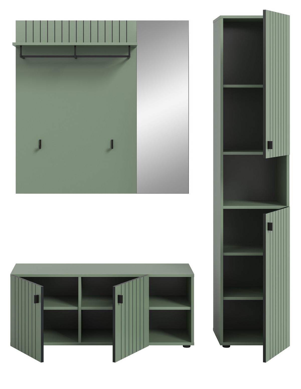 GARDEROBE-SET grün 3-teilig 161 cm, Flurschränke mit Rillen-Optik - Schwarz/Grün, Glas/Holzwerkstoff (161/192/37cm) - Inn.Furn