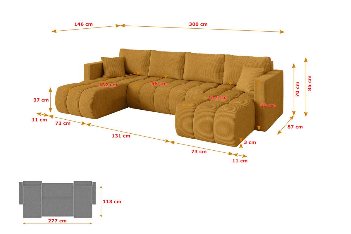 WOHNLANDSCHAFT mit Schlaffunktion und Bettkasten GARD-U 300x146x85 Senfgelb Cord - Dunkelgelb/Schwarz, Holzwerkstoff/Kunststoff (300/85/146cm) - ALTDECOR