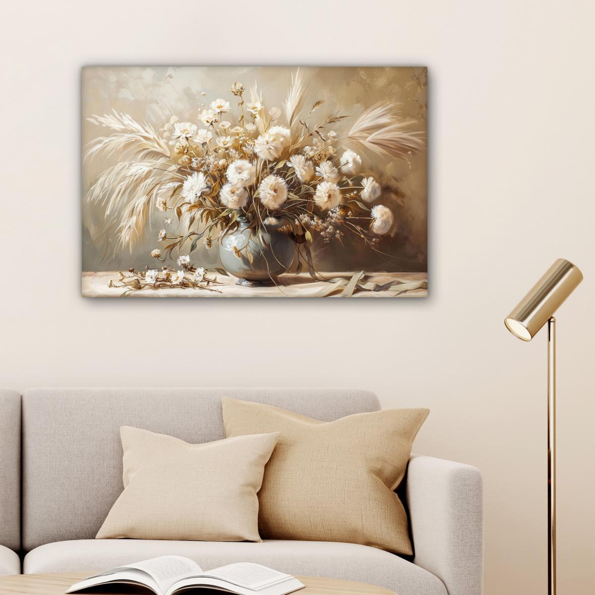 LEINWANDBILD Blumen - Vase - Stilleben - Beige Gemälde 60x40 cm - Creme, Textil (60/40cm) - MuchoWow