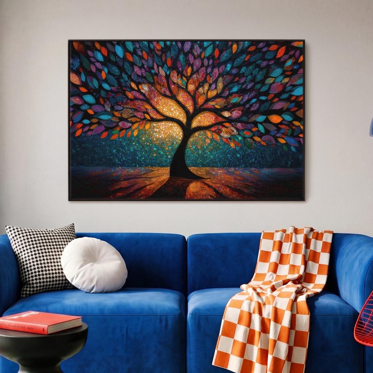 LEINWAND Bilder mit Rahmen - Mosaik - Bunt - Baum - Äste - 90x60 - Multicolor, Textil (90/60cm) - MuchoWow