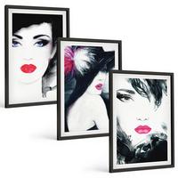 BILDER SET 3er Set - 40x60 cm Schwarzer Rahmen - Porträts von Frauen mit Lippen - Schwarz, Kunststoff (40/60cm) - TULUP