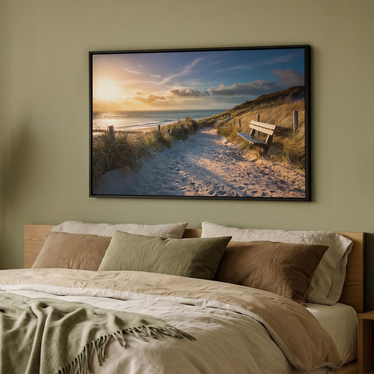 LEINWAND Bilder mit Rahmen - Sonnenuntergang - Strand - Düne - Gras - Ufer - 90x60 - Sandfarben, Textil (90/60cm) - MuchoWow