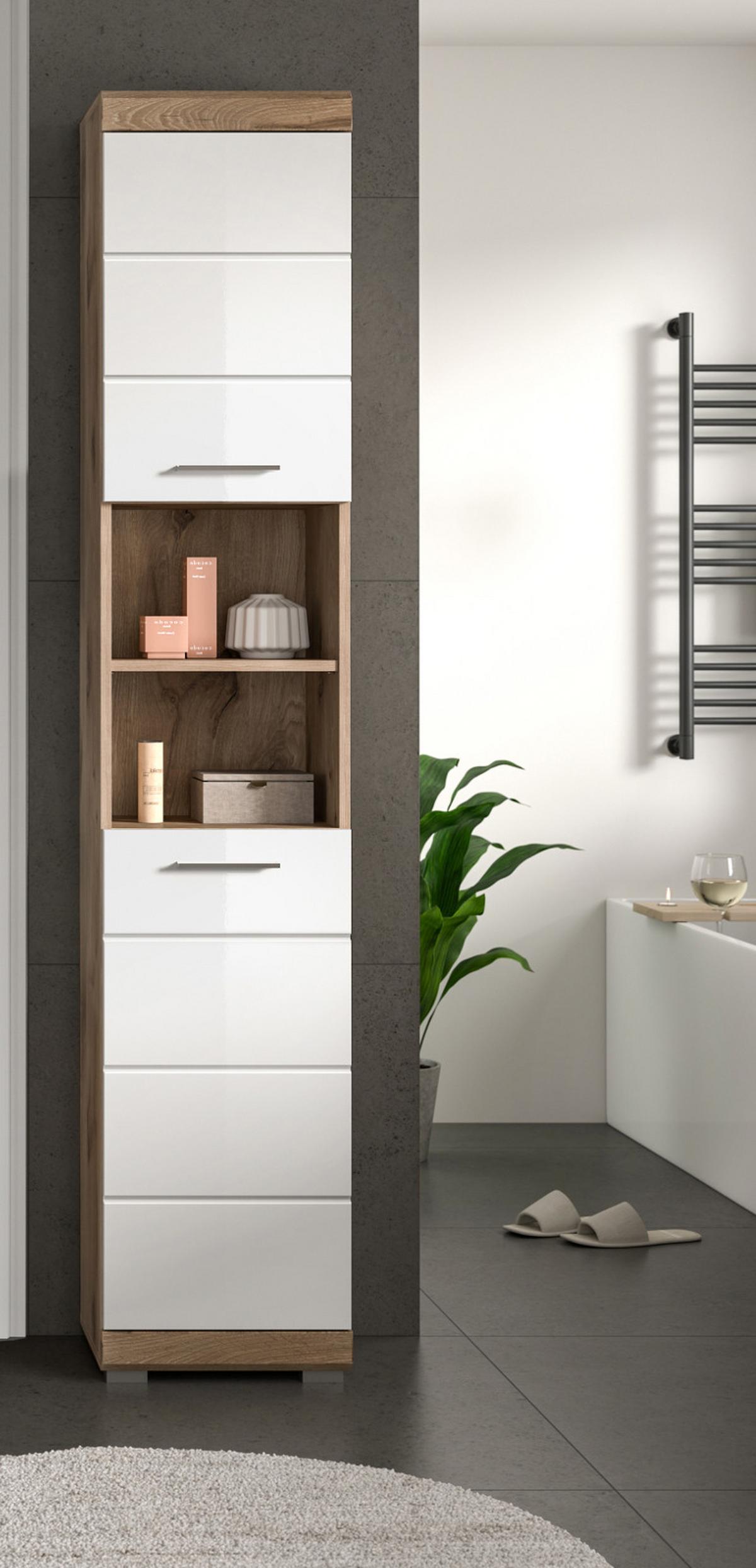 HOCHSCHRANK weiß Hochglanz, Eiche 37 x 191 cm, Badschrank mit 6 Fächern - Chromfarben/Weiß Hochglanz, Holzwerkstoff/Kunststoff (37/191/31cm) - Inn.Furn