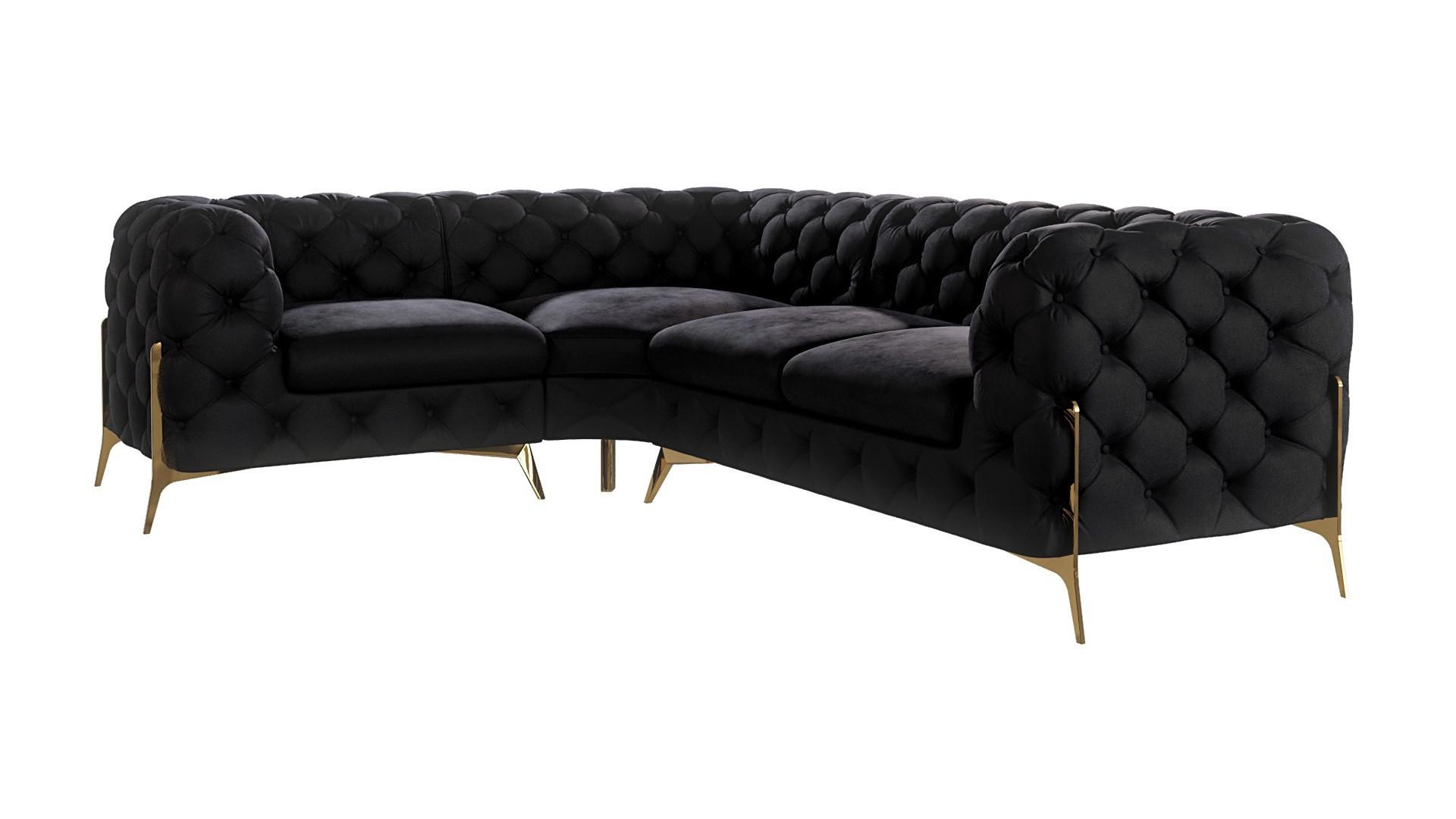 ECKSOFA Chesterfield Lexi Schwarz Samt, Ottomane links - Goldfarben/Schwarz, Holz/Textil (264/204cm) - S-Style