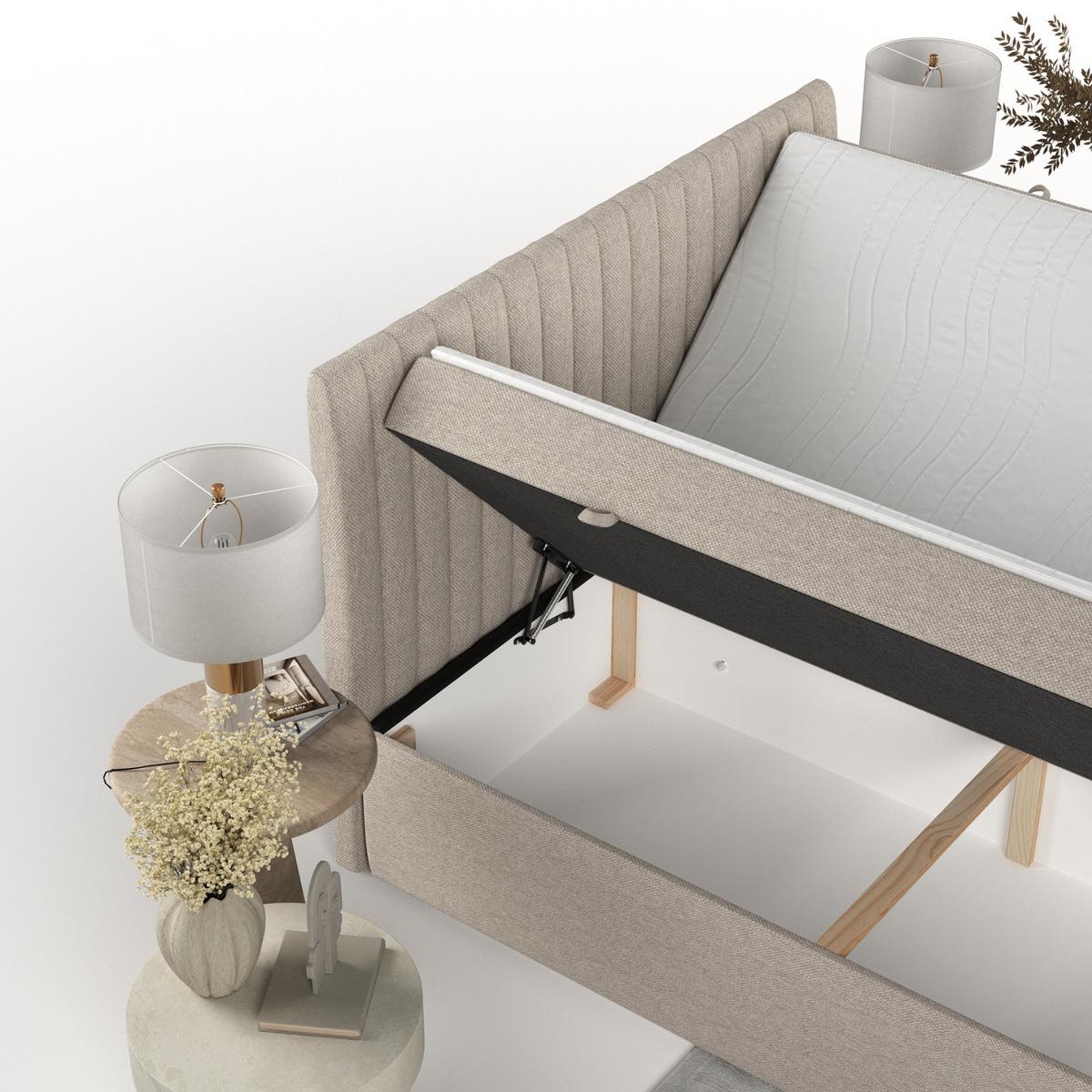 BOXBETT Maldon 140/200 cm Hellbeige im Megan Stoff - Sandfarben/Schwarz, Holz/Holzwerkstoff (140/200cm) - AltaBeds