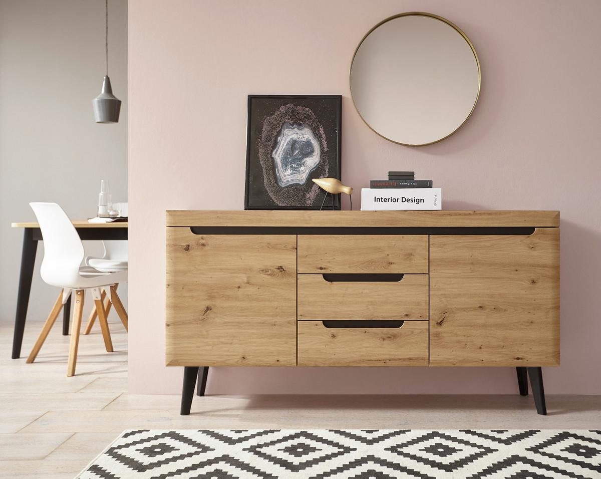 SIDEBOARD Artisan Eiche schwarz, Kommode skandinavisch, 160 x 83 cm - Schwarz/Eiche Artisan, Holzwerkstoff (160/83/40cm) - Furn.Design
