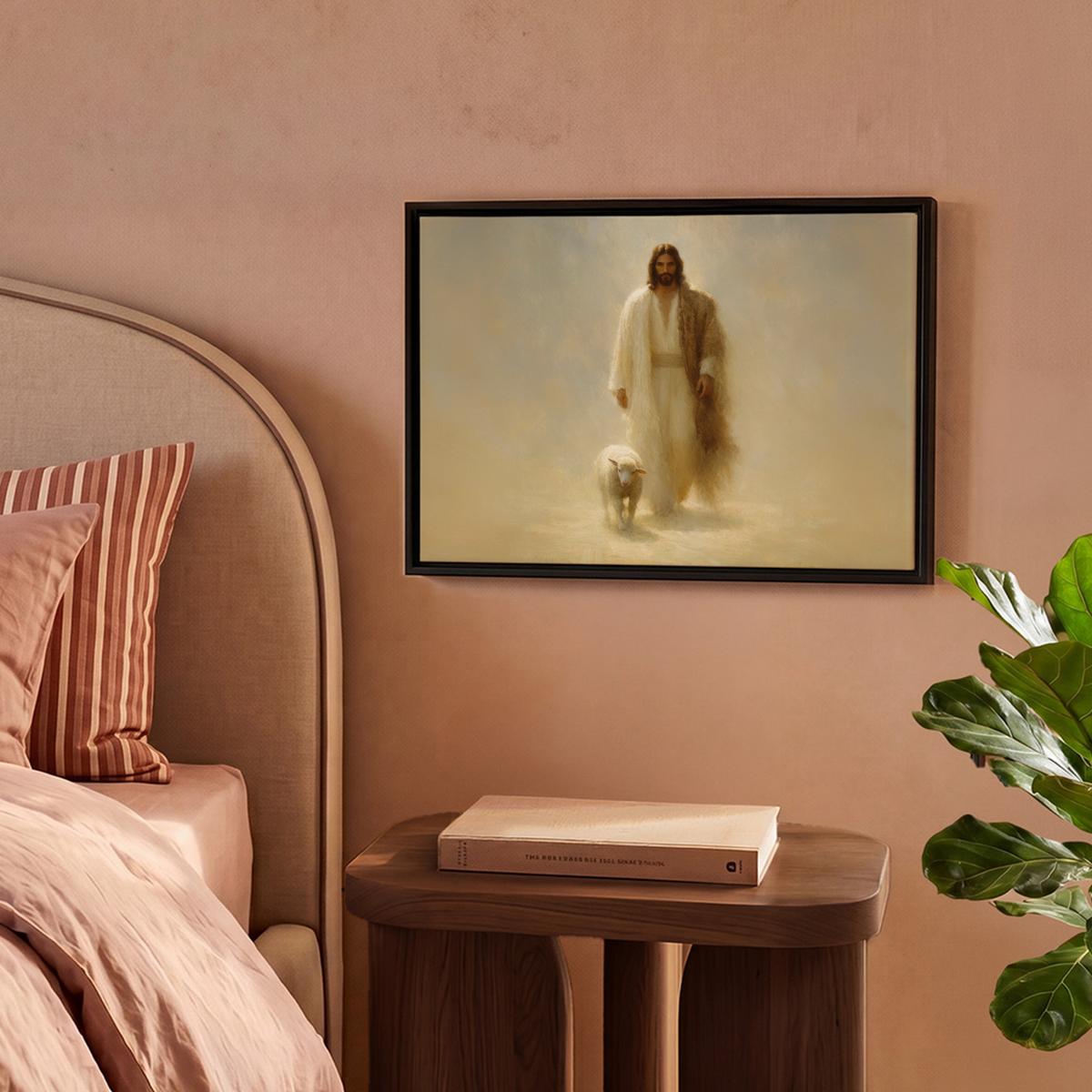 LEINWAND Bilder mit Rahmen - Schaf - Jesus - Pinselstriche - Abstrakt - 40x30 - Beige, Textil (40/30cm) - MuchoWow