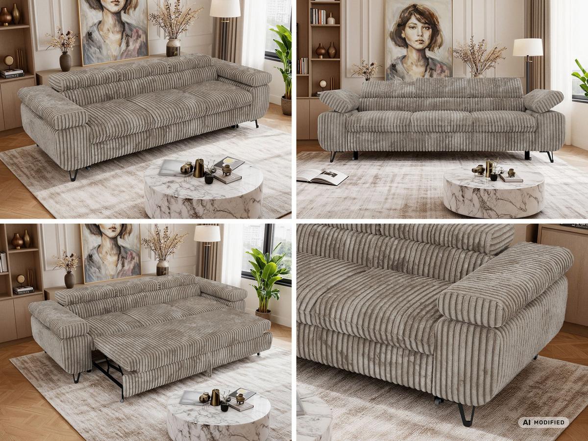 3-SITZER SOFA PETER mit Schlaffunktion - Hellbraun Cord - Hellbraun/Schwarz, Textil/Metall (262/76/99cm) - MKS