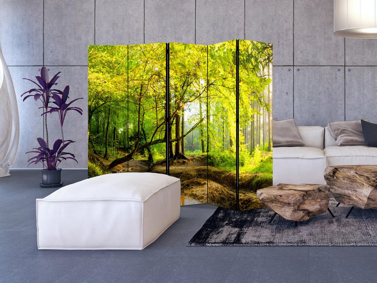 PARAVENT Akustik 5-tlg 225x172 cm Fluss Im Wald - Grau, Holz/Textil (225/172/3cm) - Muralo