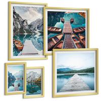 BILDER SET 5er Set - 50x50 cm & 20x30 cm & 40x60 cm Goldrahmen - Holzstege am See, Boote - Goldfarben, Kunststoff (40/60cm) - TULUP