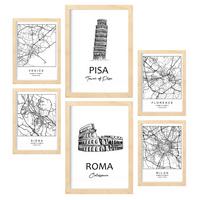 POSTER Set Mit 6 Drucke Von Italien Von Karten In Schwarz Weiß A3 & A4 Rahmen Aus Hellem Holz - Beige, Papier (29/3cm) - Nacnic