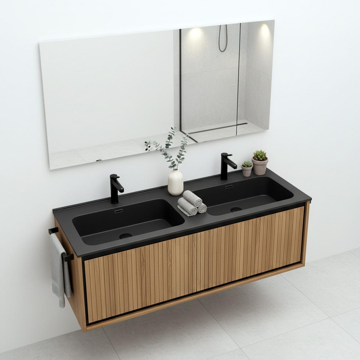 WASCHTISCHKOMBI Schwarz schwebend mit Doppelbecken - Eiche San Remo, Holzwerkstoff/Kunststoff (121/46/46cm) - Urban Meuble