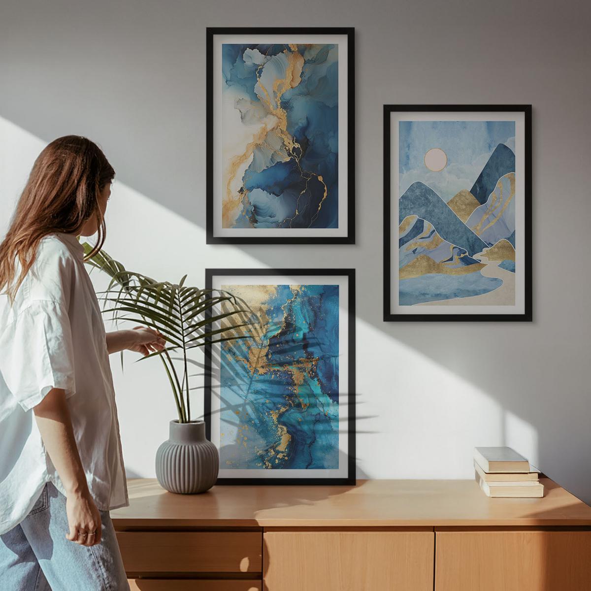 BILDER SET 3er Set - 40x60 cm Schwarzer Rahmen - Abstrakte Muster der Blue Mountains - Schwarz, Kunststoff (40/60cm) - TULUP