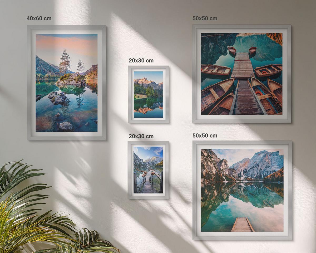 BILDER SET 5er Set - 50x50 cm & 20x30 cm & 40x60 cm Silberner Rahmen - Pfad Wald Wasserfall Vegetation - Silberfarben, Kunststoff (40/60cm) - TULUP