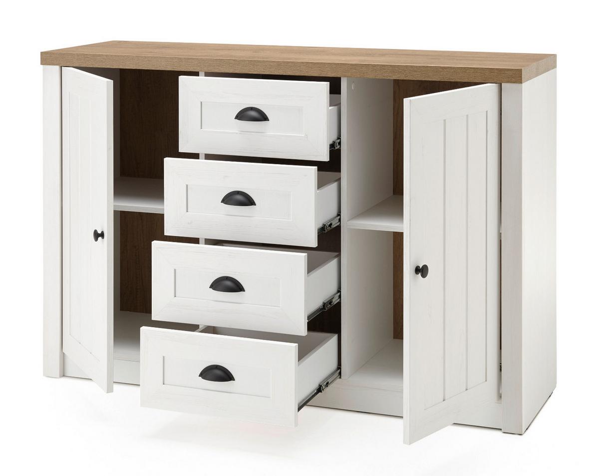 WOHNWAND weiß Pinie, Eiche hell 4-teilig 270 cm, Wohnkombination Landhaus-Stil - Eichefarben/Schwarz, Holzwerkstoff/Kunststoff (270/198/43cm) - Furn.Design