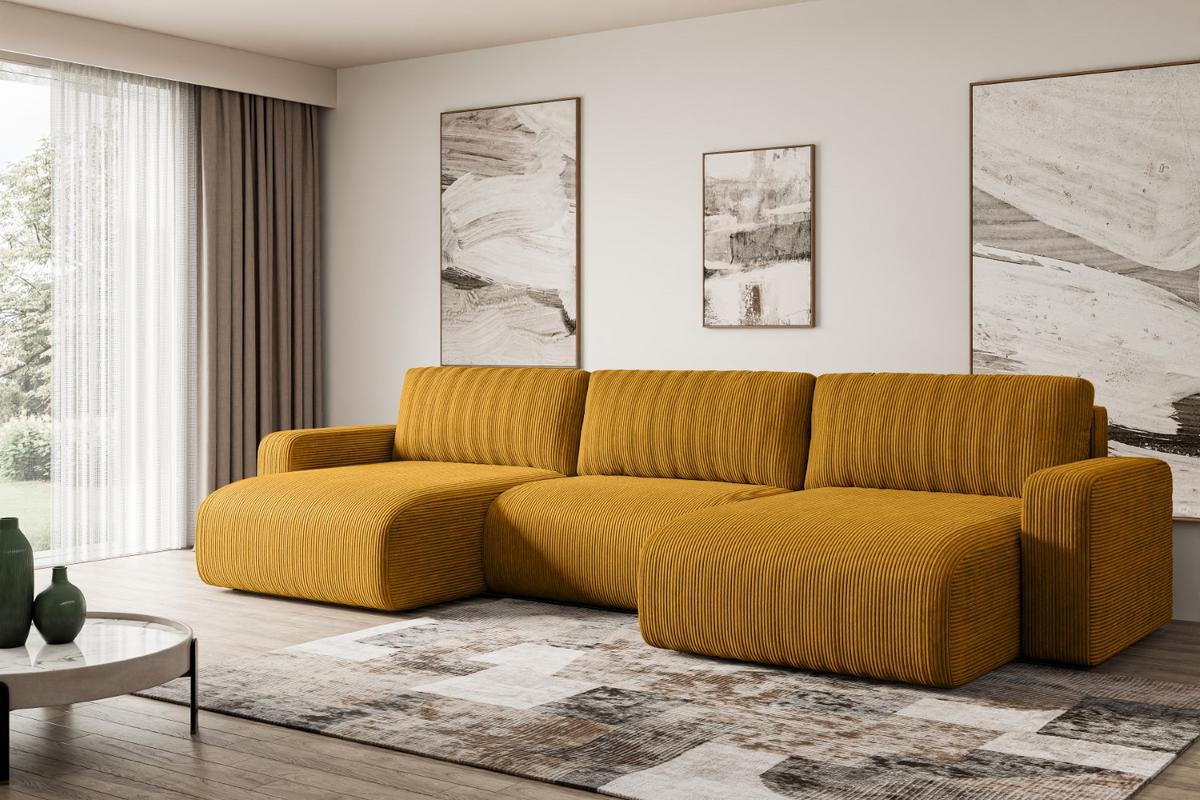 WOHNLANDSCHAFT mit Schlaffunktion und Bettkasten KLEEA-U - 347x143x83 cm Senfgelb Cord - Gelb/Schwarz, Holzwerkstoff/Kunststoff (347/83/143cm) - ALTDECOR