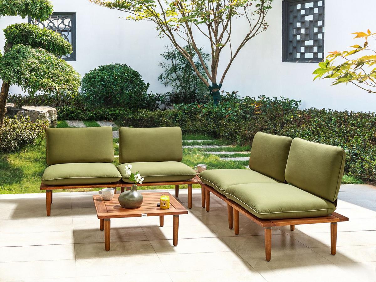 4-SITZER LOUNGE SET zertifiziertes Akazienholz hellbraun modular Auflagen olivgrün Frascati - Hellbraun/Grün, Holz - Beliani