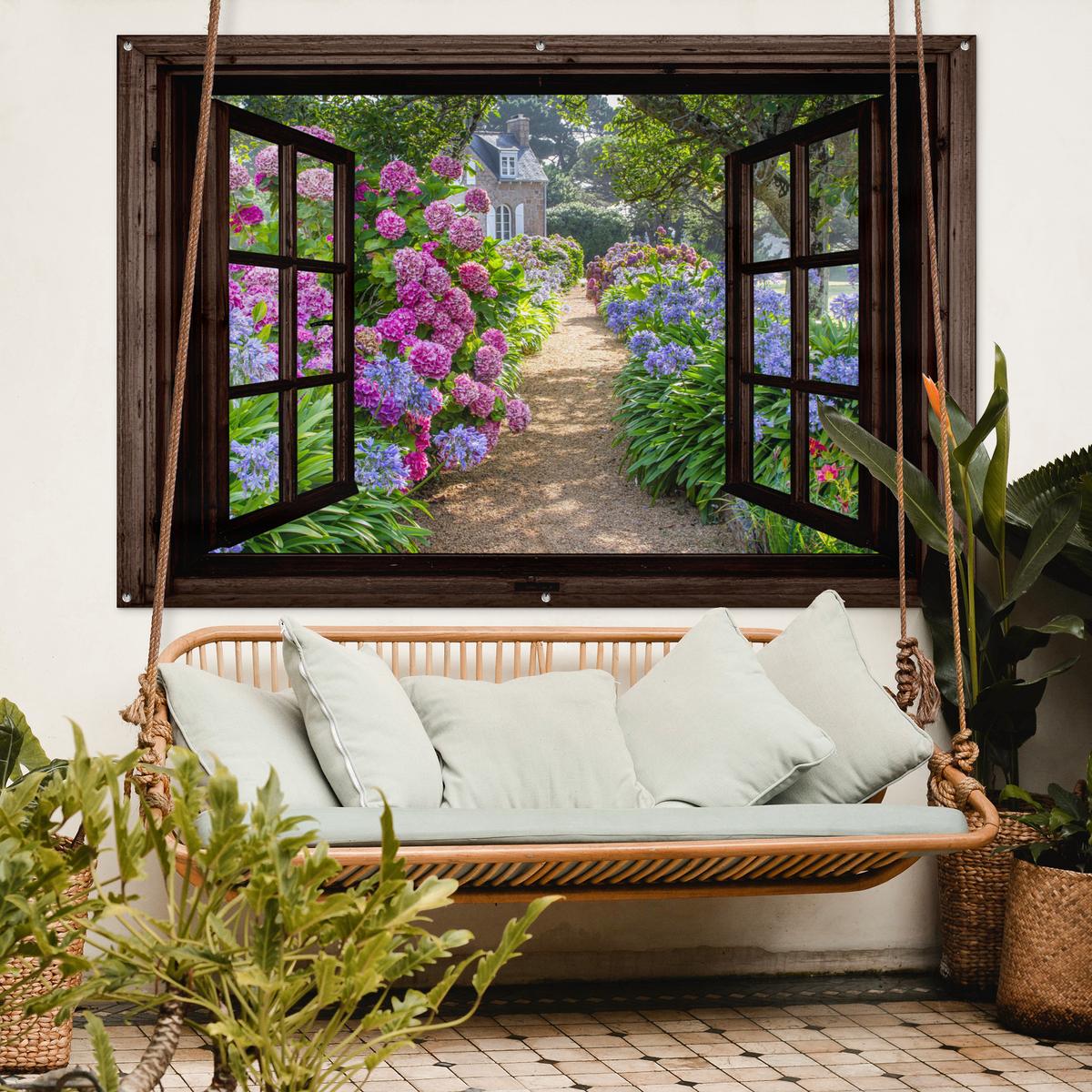 GARTENPOSTER Hortensie - Durchsichtig - Blumen - Lila - Natur - Dunkelbraunes Fenster Poster für draußen 180x120 cm - Dunkelbraun, Kunststoff (180/120/0.2cm) - OnlyWow