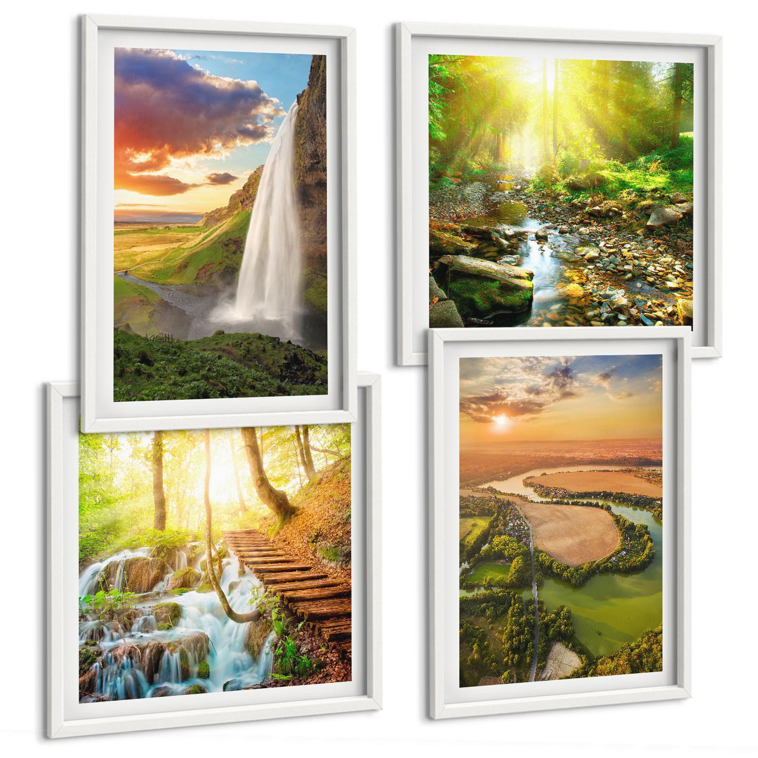 BILDER SET 4er Set - 50x50 cm & 40x60 cm Weißer Rahmen - Orange Mountain Wasserfall - Weiß, Kunststoff (50/50cm) - TULUP