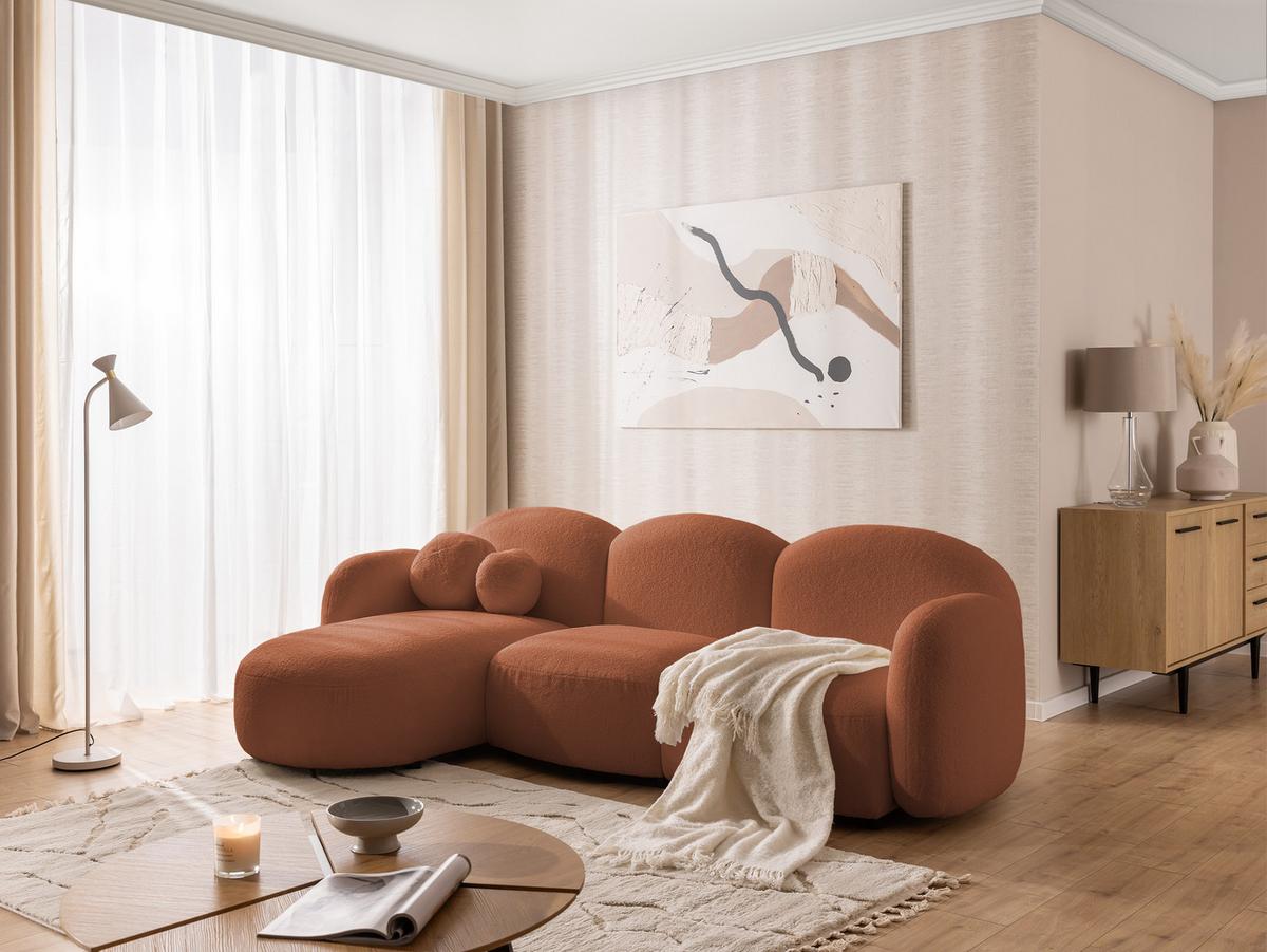ECKSOFA Nuvola mit abgerundetem Design Terrakotta Bouclé-Stoff - Ottomane Links - Terracotta/Schwarz, Holz/Kunststoff (268/146cm) - S-Style Möbel