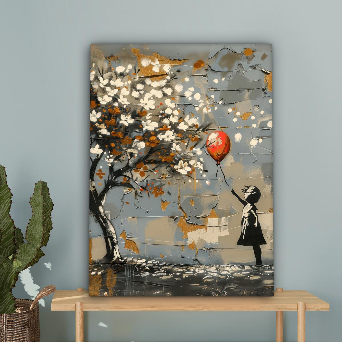 LEINWANDBILD Baum - Graffiti - Banksy-Stil - Ballon-Mädchen Wandbild Wohnzimmer 60x80 cm - Blaugrau, Textil (60/80cm) - MuchoWow