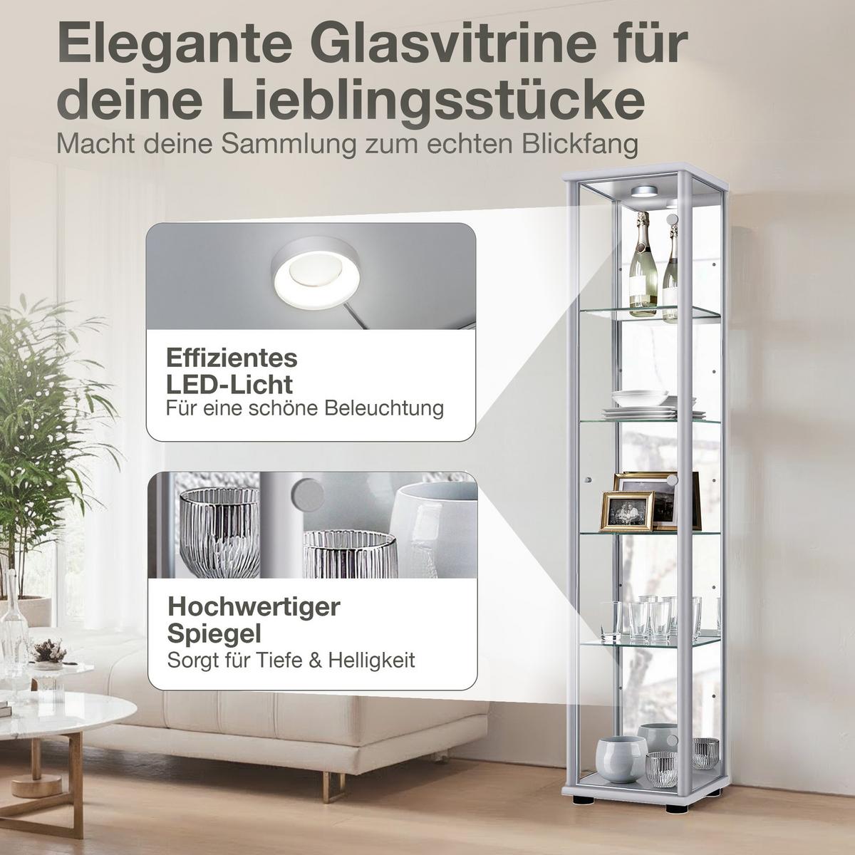 GLASVITRINE 33/37/176 cm mit Spiegel, LED & 4 höhenverstellbaren Glasböden - Transparent/Silberfarben, Glas/Holzwerkstoff (37/176/33cm) - K-Möbel