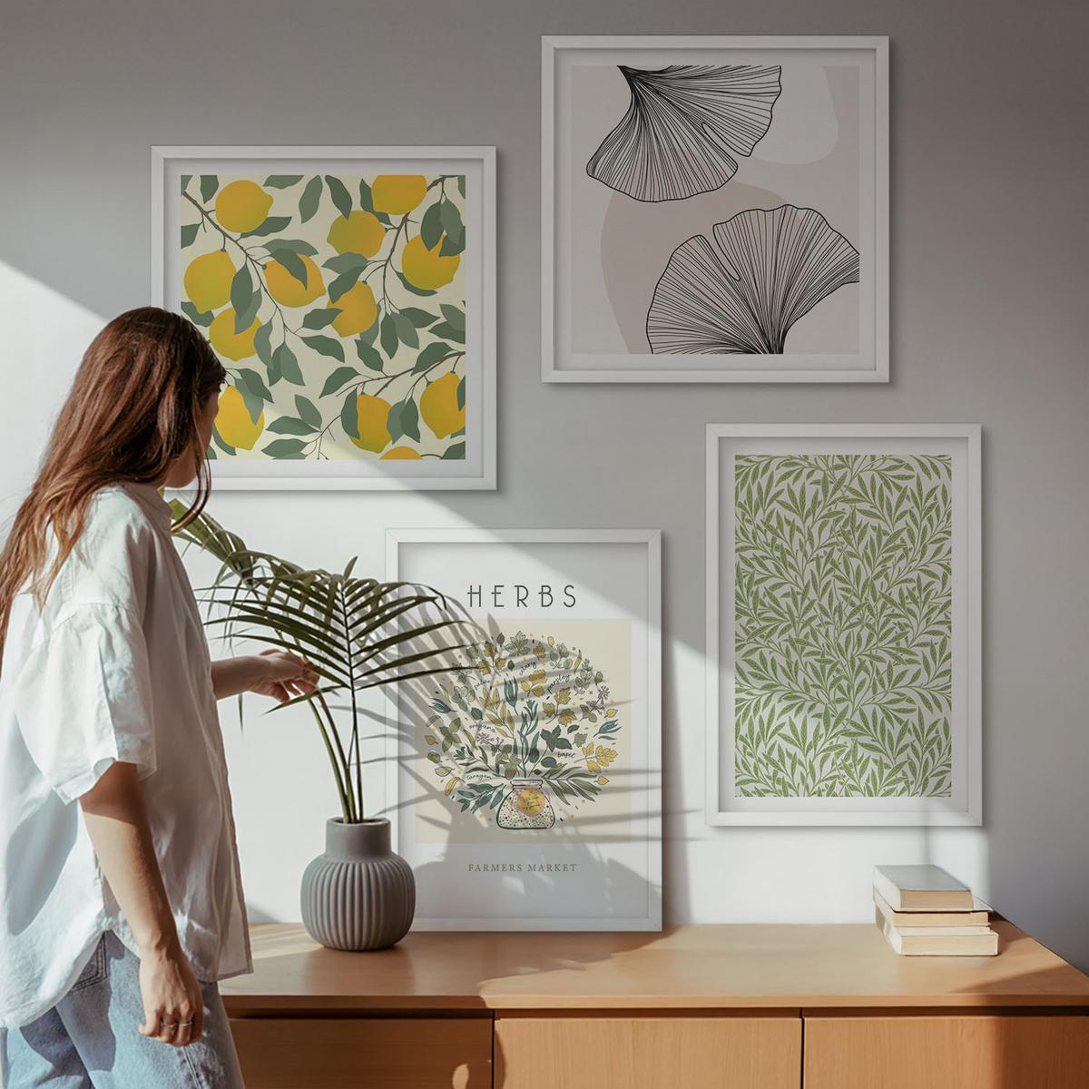 BILDER SET 4er Set - 50x50 cm & 40x60 cm Weißer Rahmen - Zitronenkräuter und -blätter - Weiß, Kunststoff (50/50cm) - TULUP