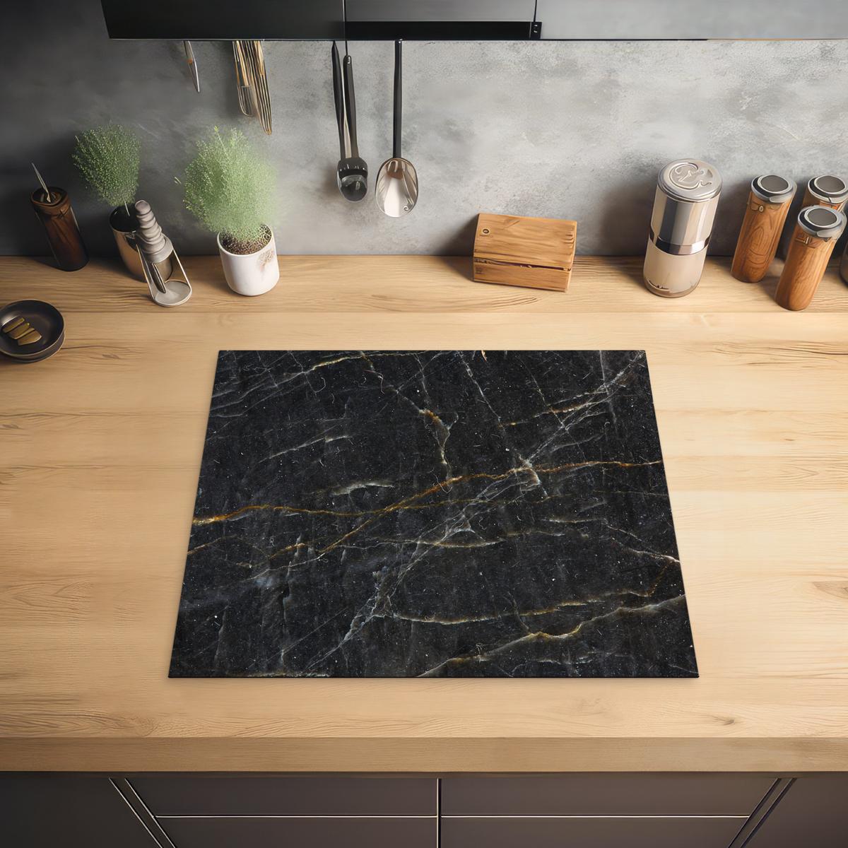 HERDABDECKPLATTE Marmor - Schwarz - Gold - Grau - Marmorstruktur Herdabdeckung Induktionsfeld 60x52 cm - Goldfarben, Kunststoff (60/52/0.2cm) - MuchoWow