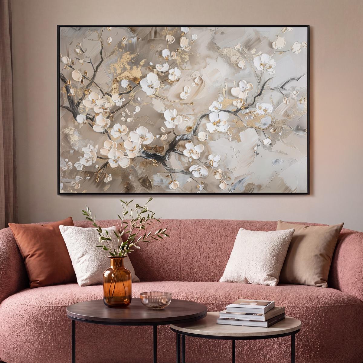 LEINWAND Bilder mit Rahmen - Blumen - Weiß - Gold - Beige - Luxus - 150x100 - Greige, Textil (150/100cm) - MuchoWow