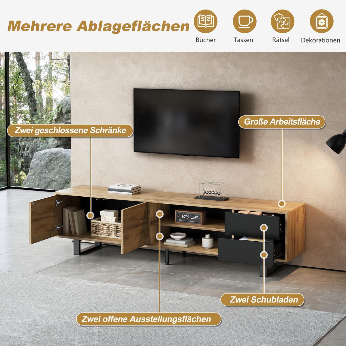 TV-LOWBOARD 180cm Holzoptik & Schwarz für 75-Zoll TV mit 2 Schubladen & Metallbeinen - Naturfarben, Holzwerkstoff (180/50/40cm) - Urban Meuble