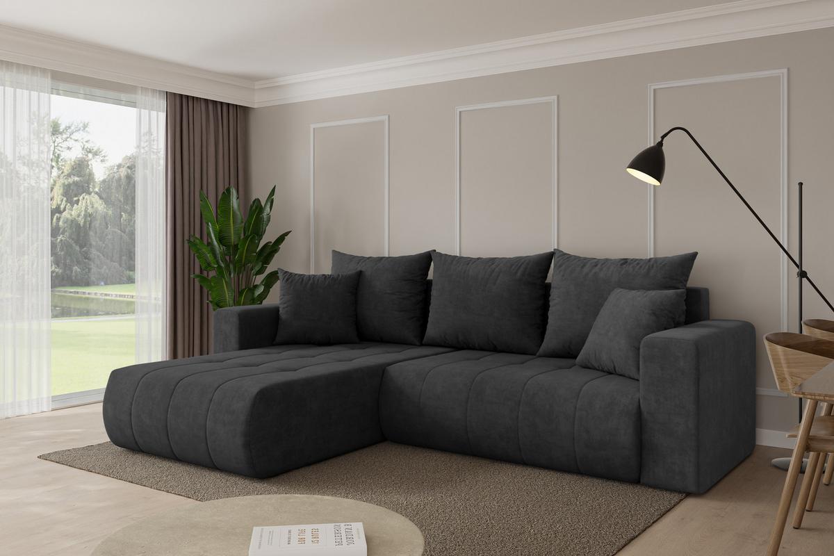 ECKSOFA mit Schlaffunktion Ottomane Links MILA-L 277x194x86 Dunkelgrau Velours - Anthrazit/Schwarz, Holzwerkstoff/Kunststoff (277/194cm) - ALTDECOR