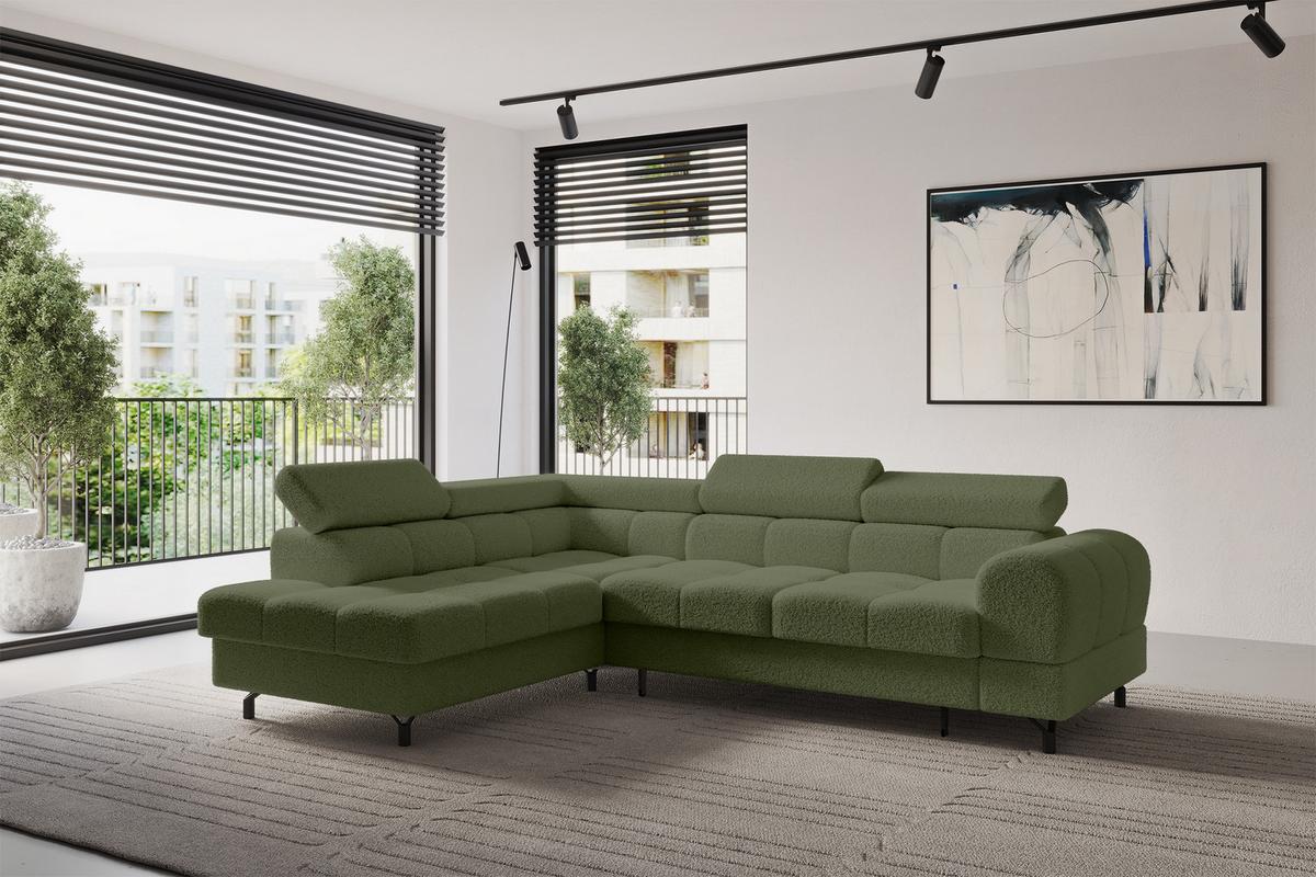 ECKSOFA mit Schlaffunktion Ottomane Links LUMA-L 272x203x70 Grün Bouclé - Smaragdgrün/Schwarz, Holzwerkstoff/Kunststoff (272/203cm) - ALTDECOR