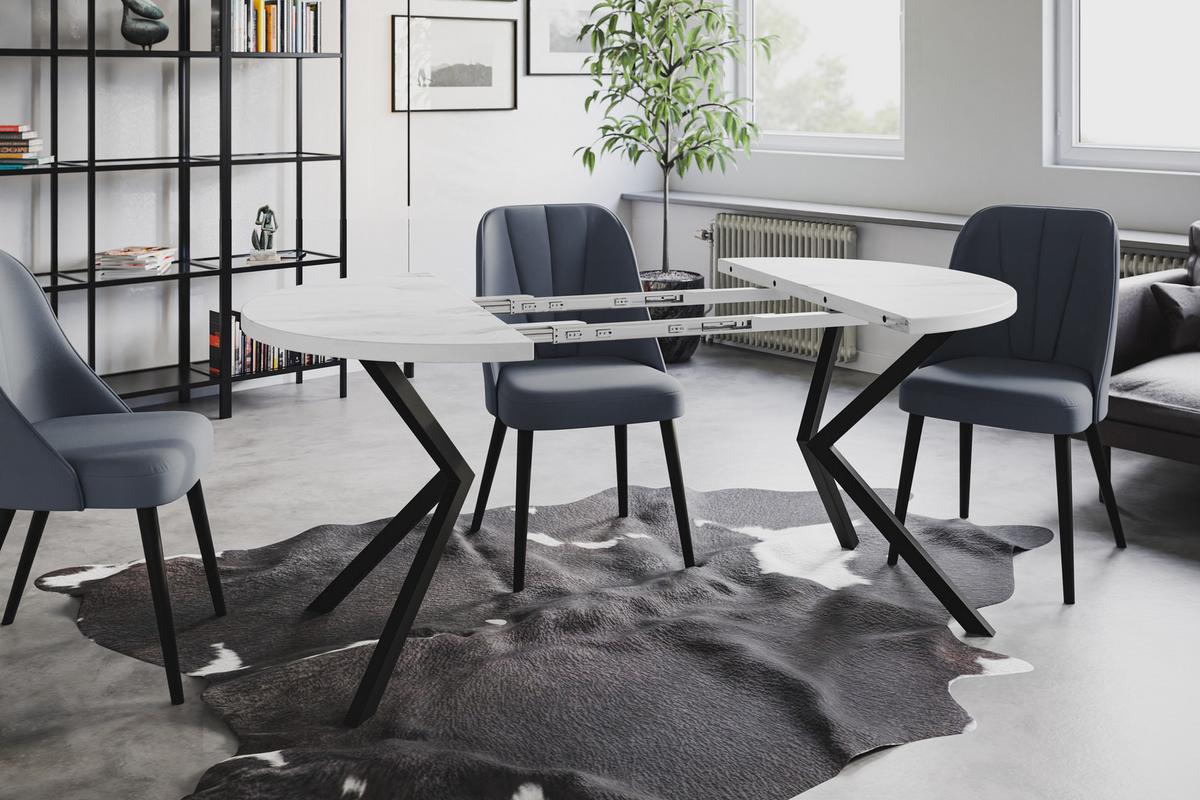 RUNDER Esszimmertisch LOFT LITEN, ausziehbarer Tisch Durchmesser: 120 cm/200 cm, Wohnzimmertisch Farbe: Marmur, mit Metallbeinen in Farbe Schwarz - Hellgrau/Schwarz, Holzwerkstoff (120/120/76cm) - Alpi-Möbel