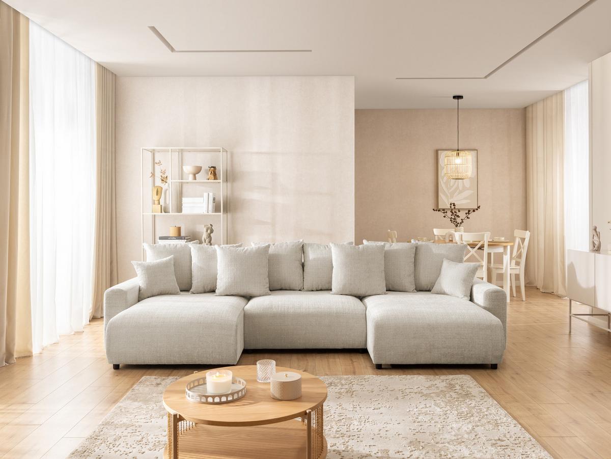 WOHNLANDSCHAFT Calma mit Schlaffunktion und Bettkasten im Bumpy-Design aus weichem Beige Chenille-Stoff - Beige/Schwarz, Holz/Kunststoff (336/88/140cm) - S-Style Möbel