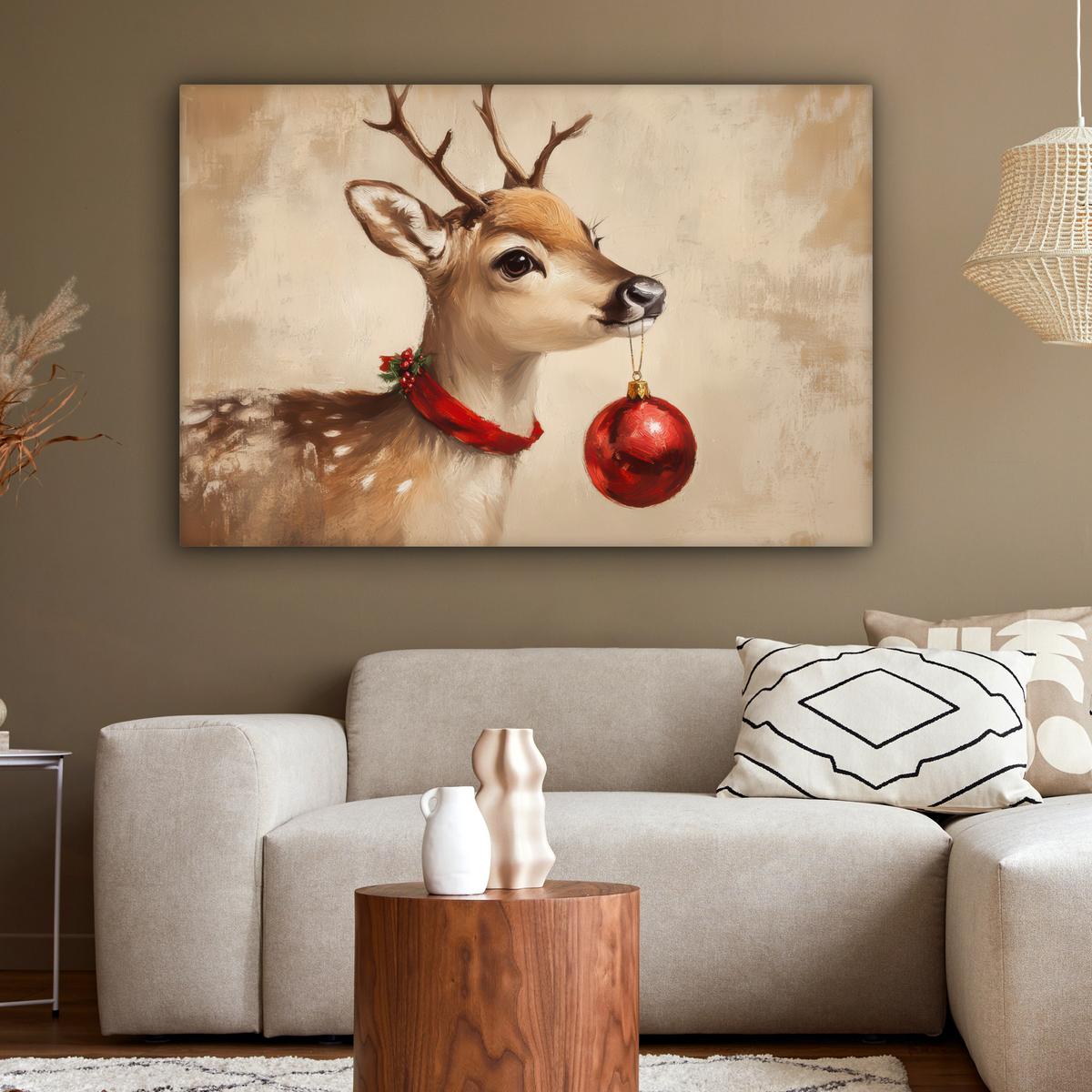 LEINWANDBILD Weihnachten - Hirsch - Geweih - Weihnachtskugel - Rentier Wohnzimmer Groß 120x80 cm - Hellbraun, Textil (120/80cm) - MuchoWow