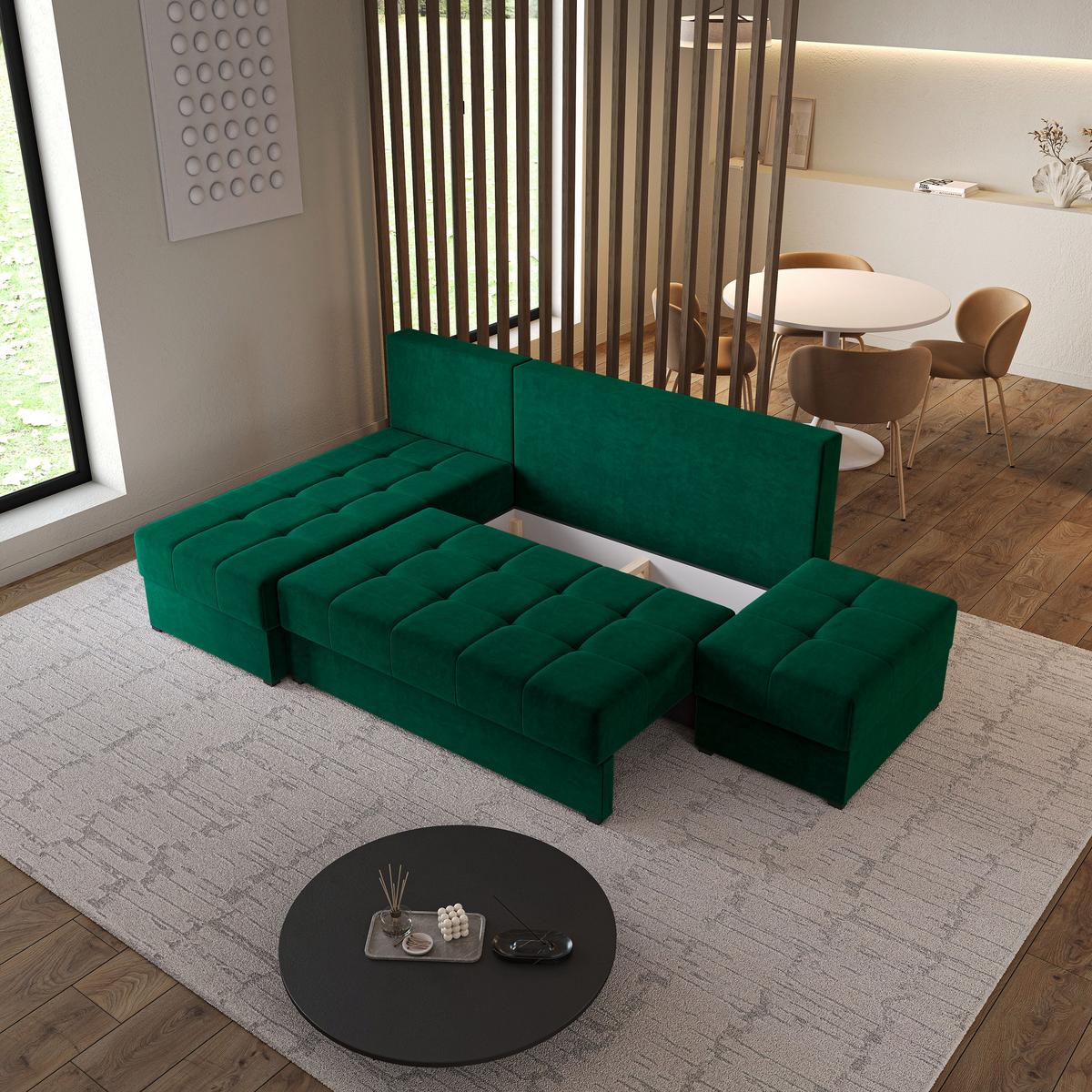 ECKSOFA NORVI Grün Plüsch-Stoff mit Schlaffunktion - Grün, Holz (251/143cm) - MASSENO
