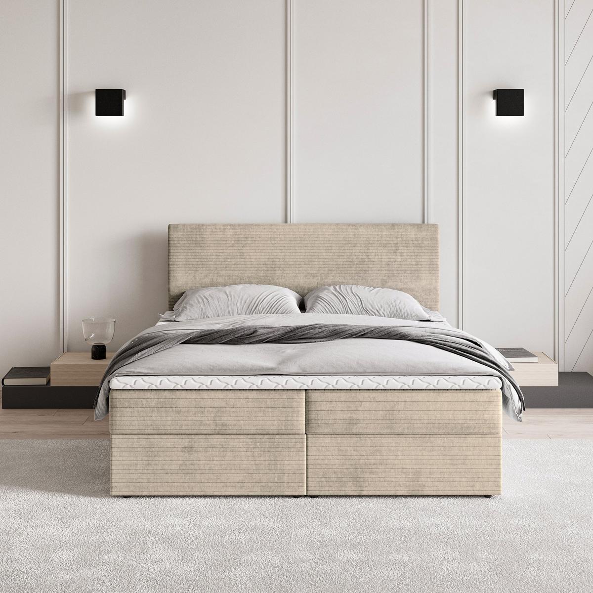 BOXBETT NIRA 180x200 cm mit Matratze und Topper - Creme - Creme, Holz (180/200cm) - MASSENO