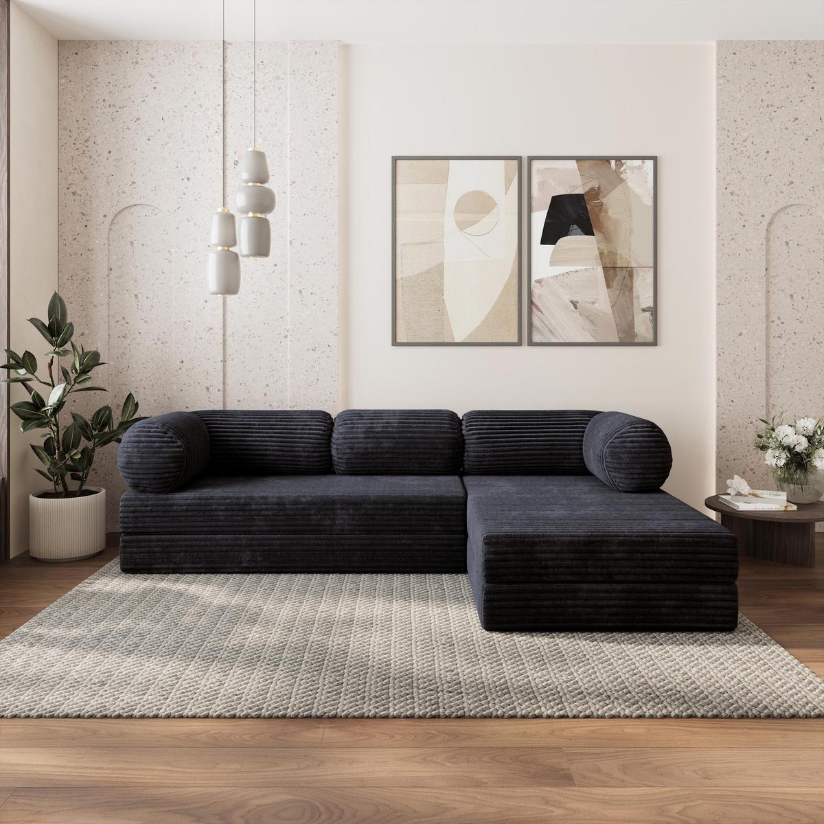 ECKSOFA ETERA modulares Boneless Sofa mit Schlaffunktion Schwarz Kordstoff - Schwarz, Textil (270/160cm) - MASSENO