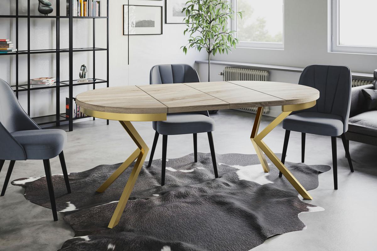RUNDER Esszimmertisch BERGO, ausziehbarer Tisch Durchmesser: 90 cm/170 cm, Wohnzimmertisch Farbe: Beige, mit Metallbeinen in Farbe Gold - Goldfarben/Sonoma Eiche, Holzwerkstoff (90/90/76cm) - Alpi-Möbel